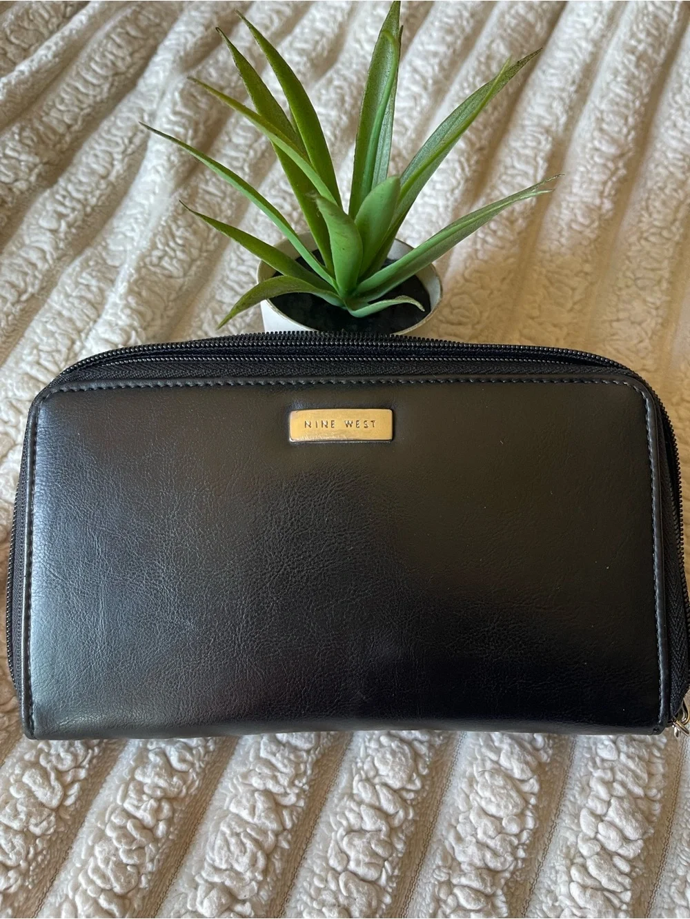 Nine West Black Zip-Around Clutch Wallet with Gold Logo